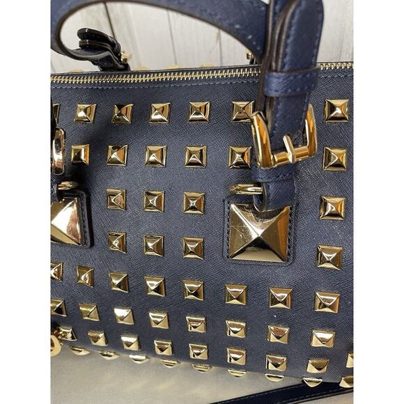 Michael Kors Navy Blue Leather Gold Studded Grayson Satchel Top Handle - Picture 12 of 12